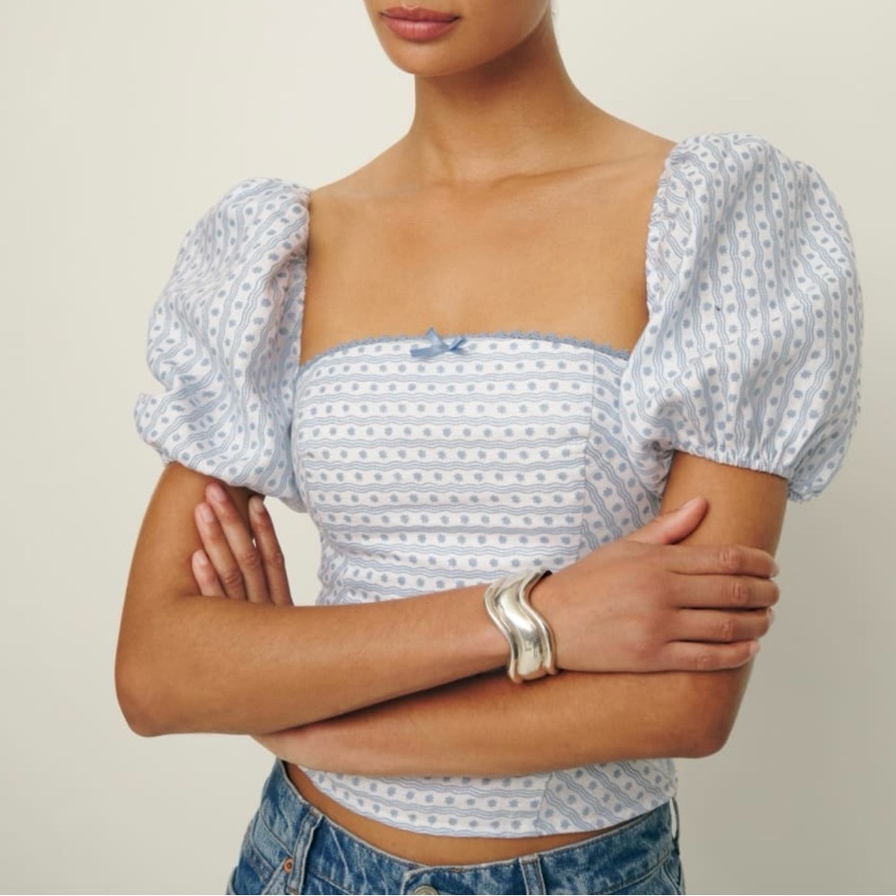 Reformation Light Blue and White Puff Sleeve Crop Top